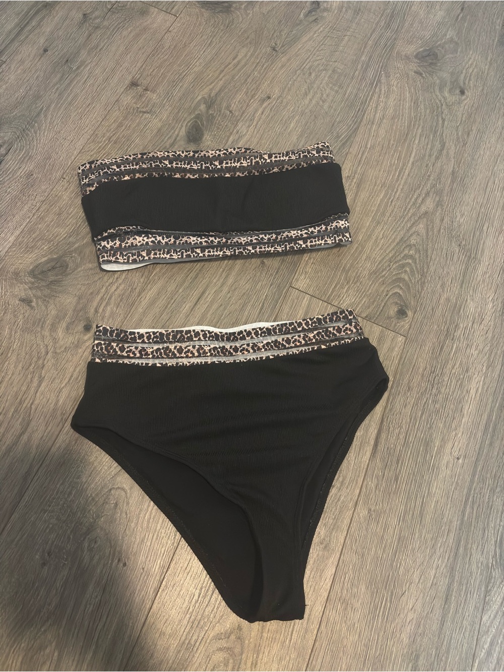 SHEIN Black Bandeau Bikini with Leopard Trim